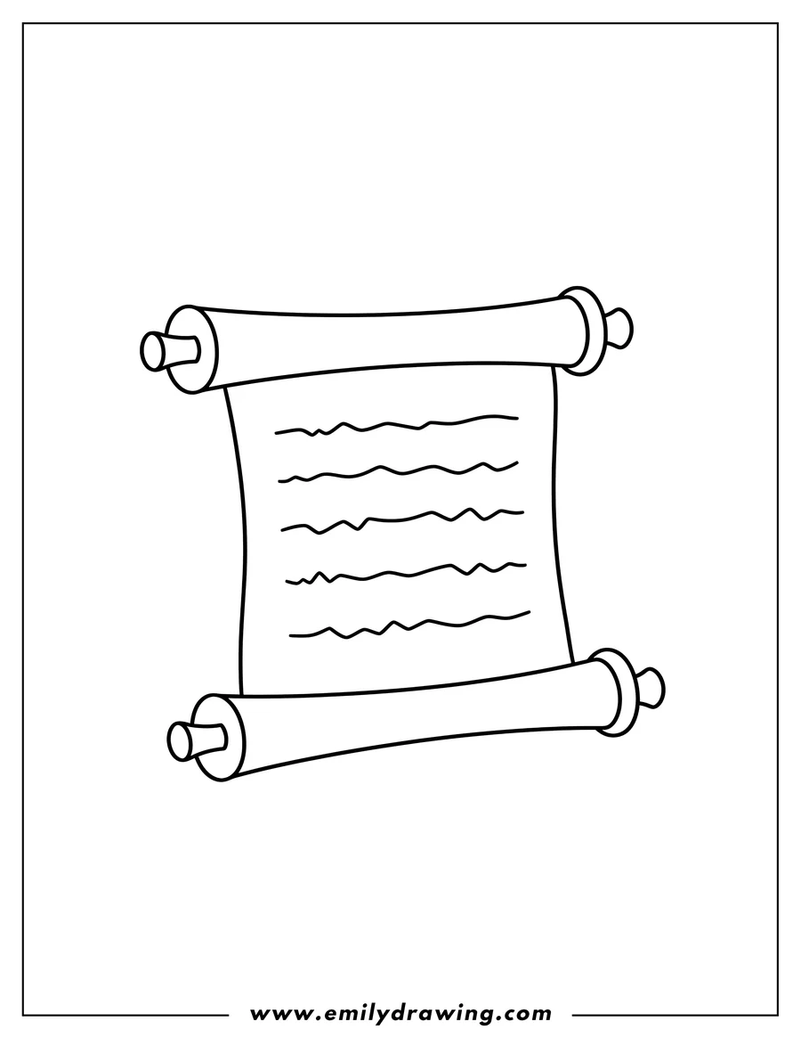 Coloring page for kids: simple unrolled scroll with rollers and lines of text, outline for preschoolers