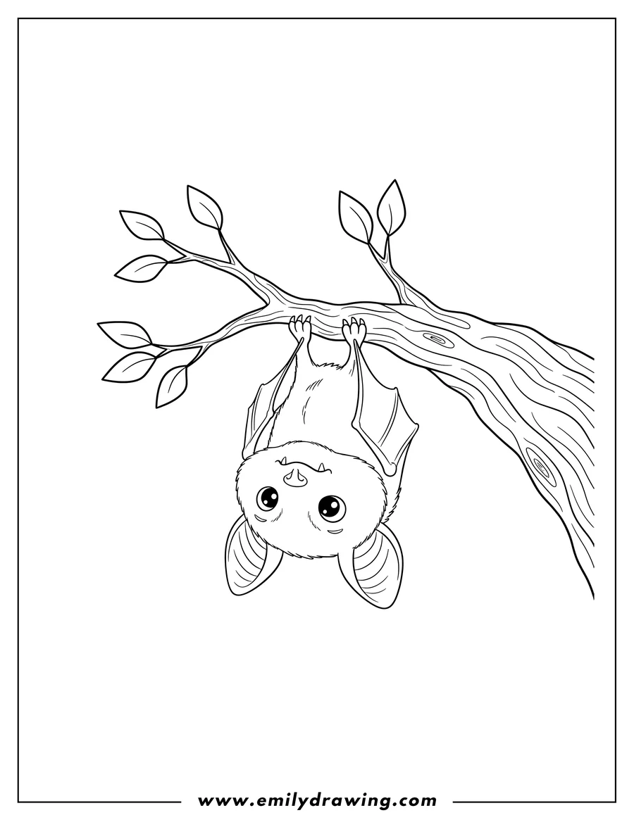 High quality printable upside Down Bat hanging from a tree branch with large ears for coloring