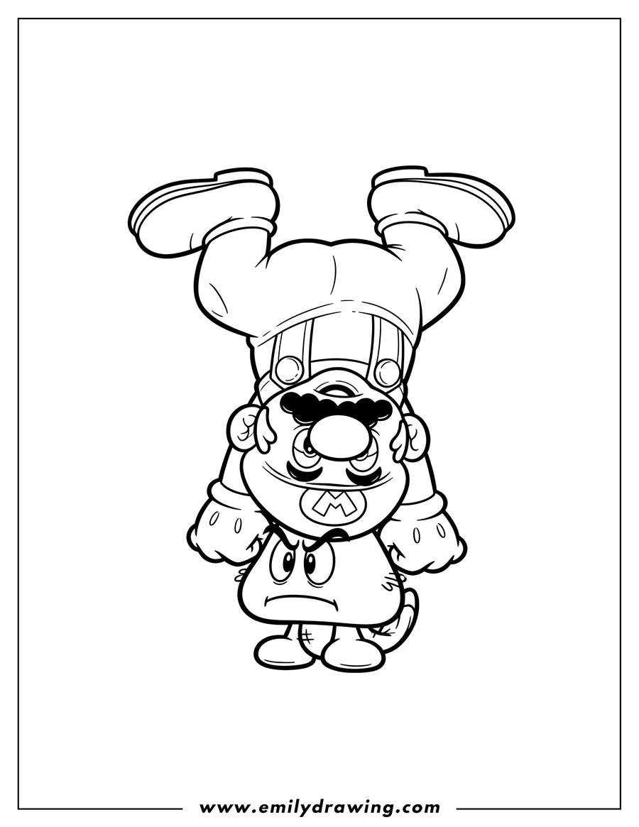 Printable line art of upside down Mario stomping on a Goomba