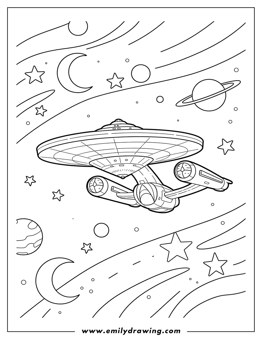 Outline drawing of simple Star Trek Uss Exeter Outline, flying in space with stars