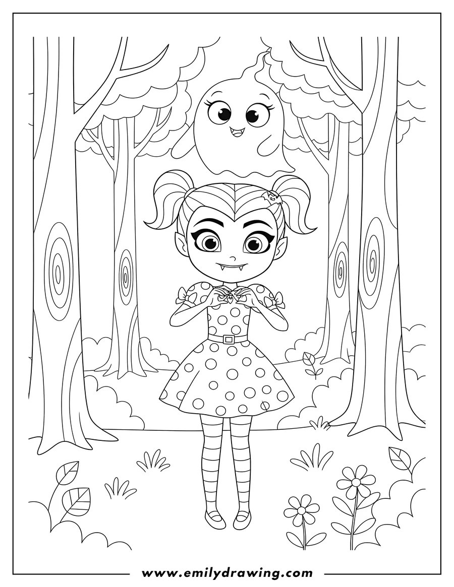 Free to print drawing of vampirina smiling with Demi on her head, searching in the forest