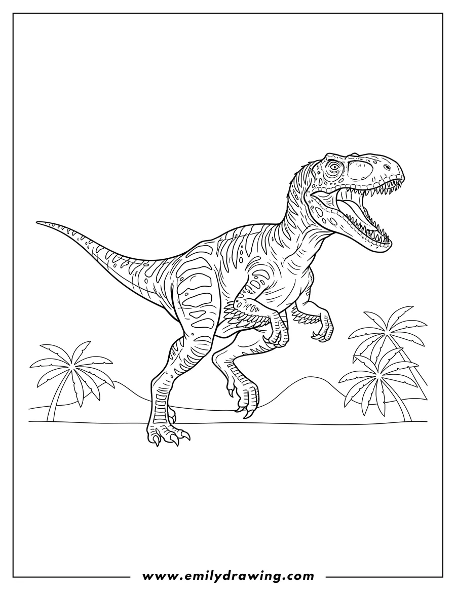 Doodle style coloring picture of velociraptor running with wide open jaw, scaled