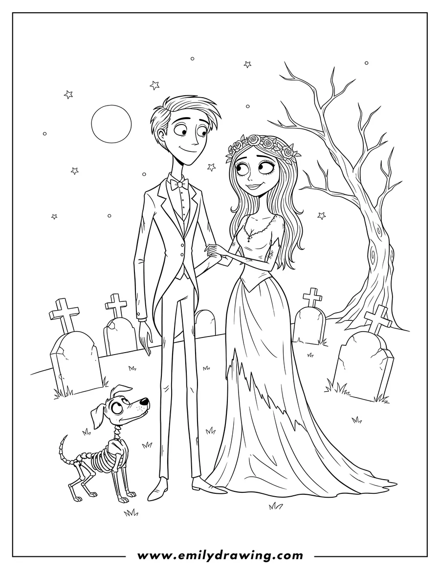 Outline drawing of victor, Corpse Bride Emily holding his arm, and skeleton dog Scrap looking up, at the cemetery