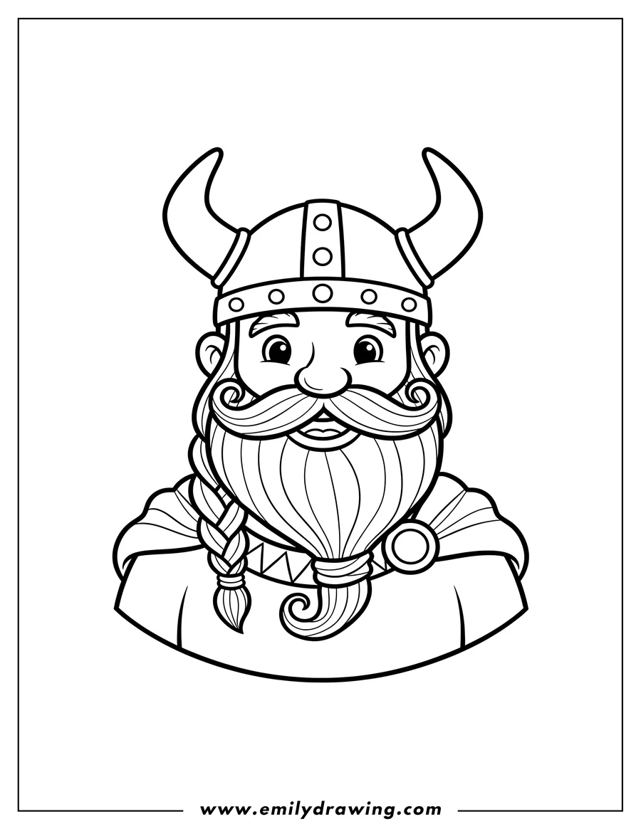 Linear illustration of simple Viking Portrait, wearing a horned helmet and a big beard