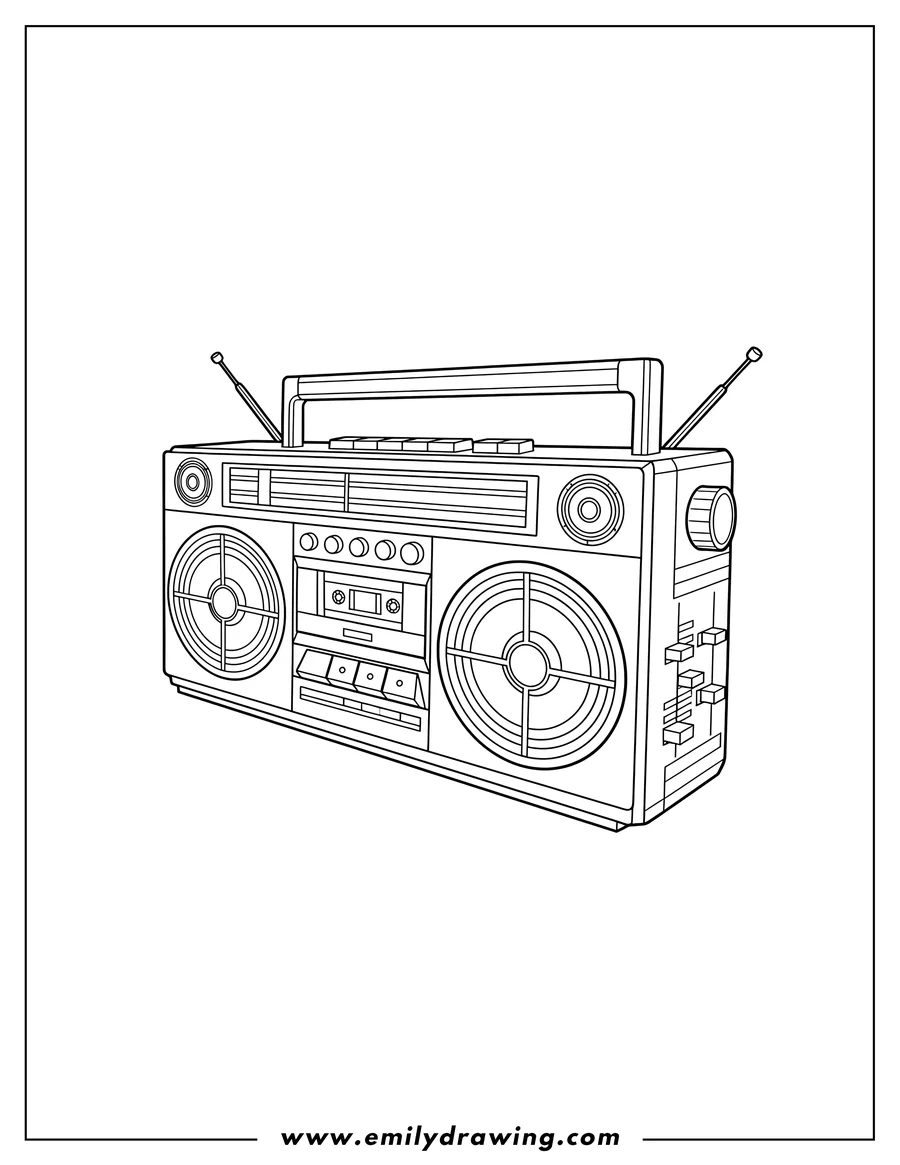 Clean line drawing: vintage Boom Box with a cassette player and two speakers, shown from an angle