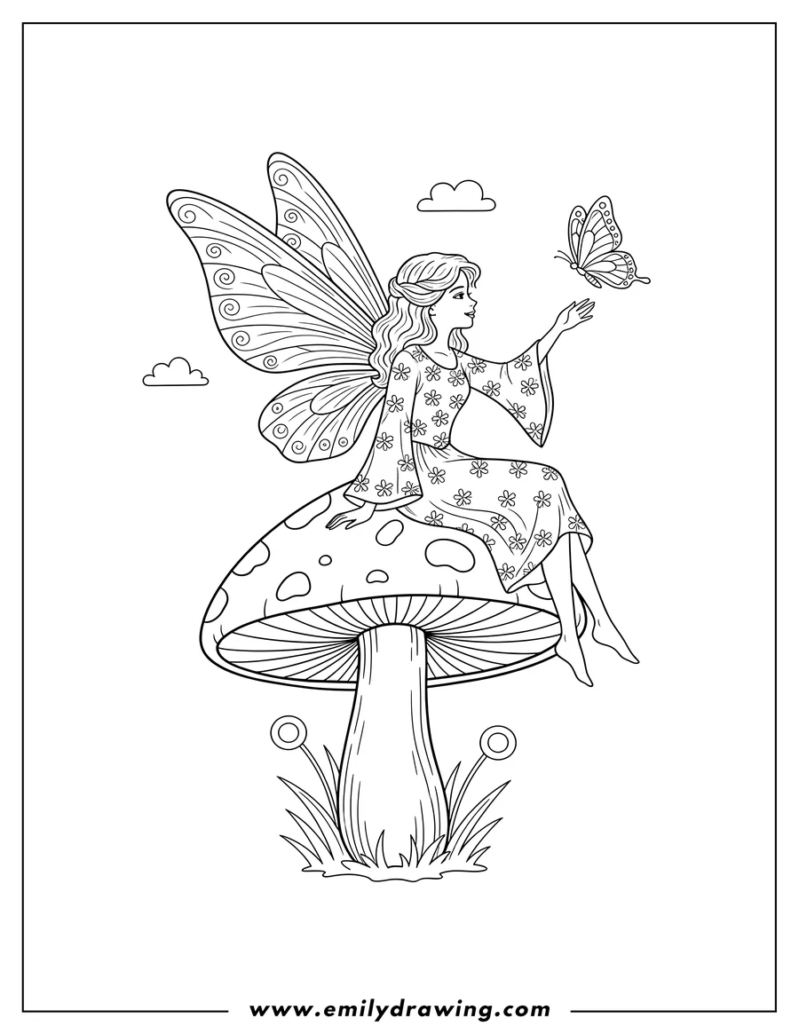 Black and white line art of vintage Fairy with large wings sitting on a mushroom reaching out to a butterfly