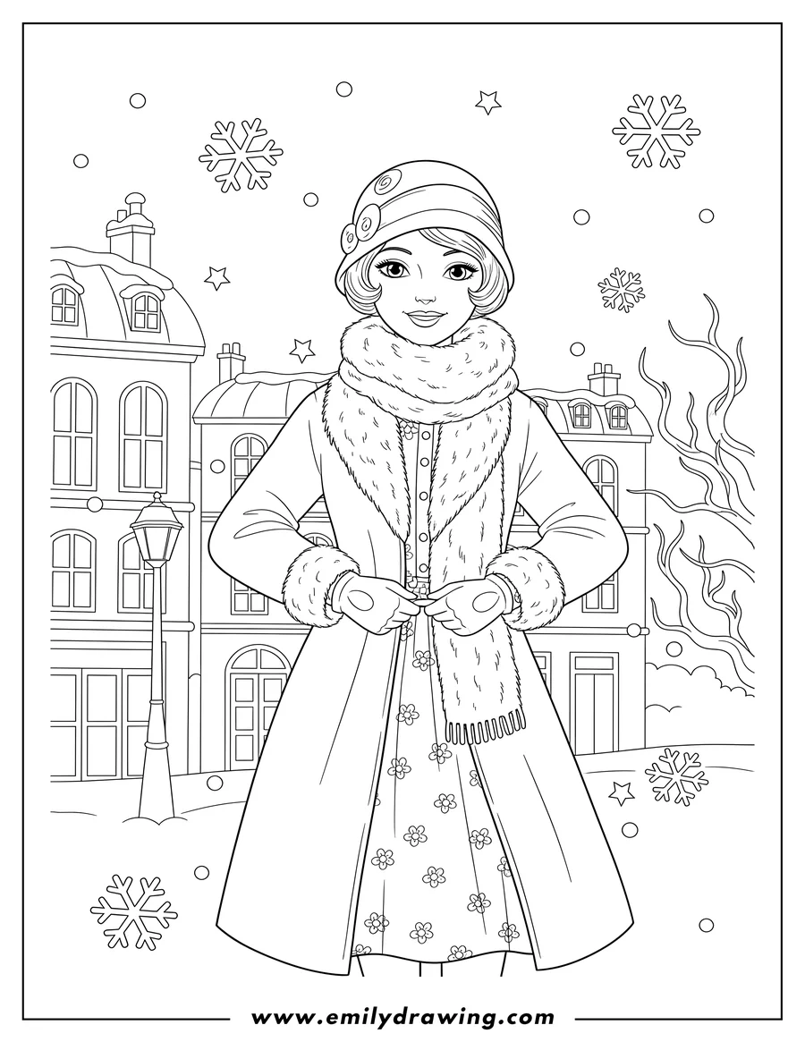 Linear illustration of vintage French Woman adjusting her coat in a snowy city