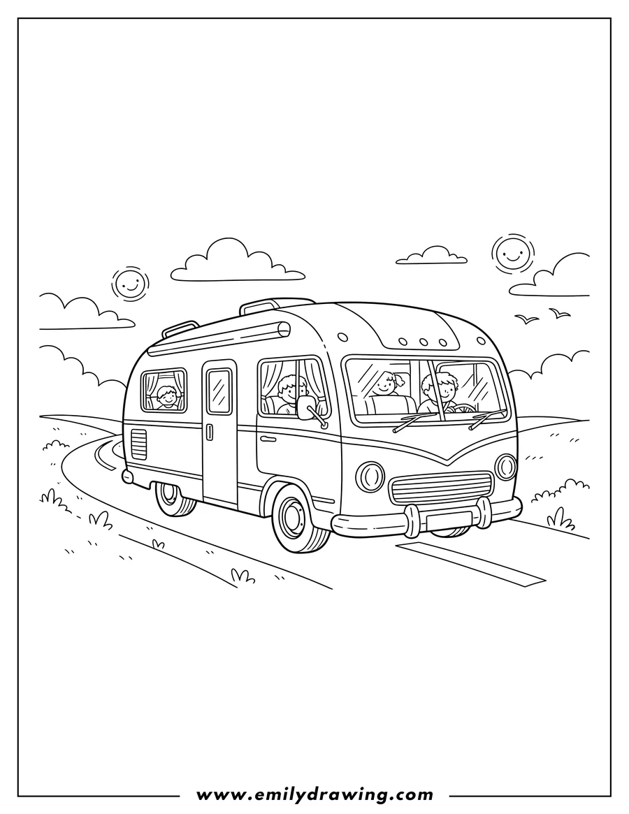 Downloadable coloring page of vintage style Large Rv driving on a road