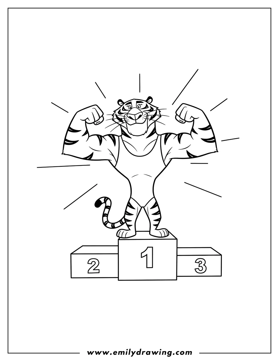 Downloadable coloring page of vitaly Tiger Madagascar flexing muscles on a pedestal