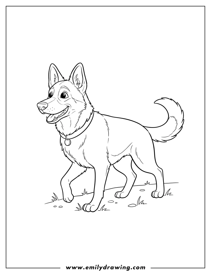 PDF style coloring page: simple German Shepherd walking, head turned to the side, mouth slightly open