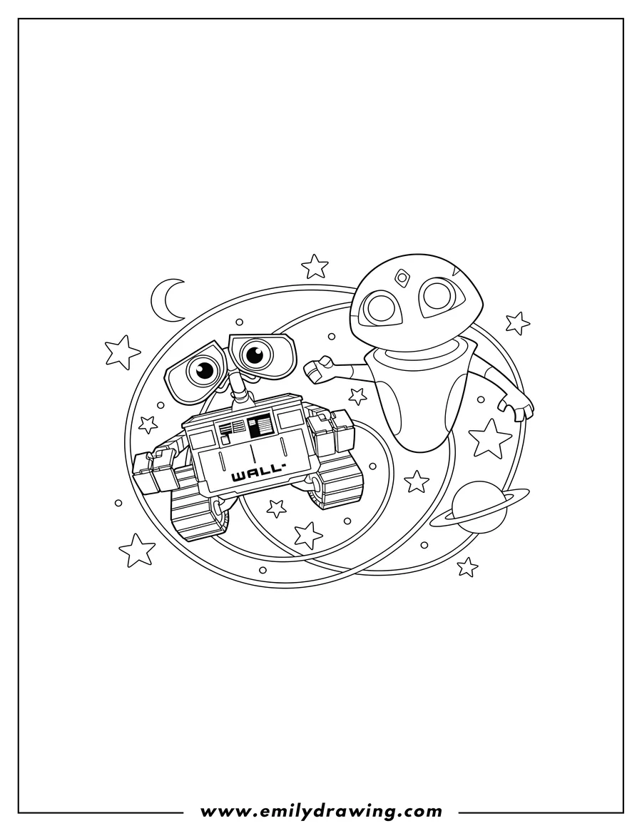 Coloring sheet featuring wall E And Eve Flying Through Space, reaching out to each other