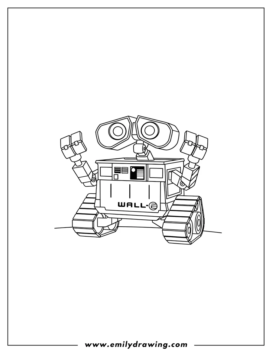 Simple sketch of simple Wall E outline, standing with bent arms to color