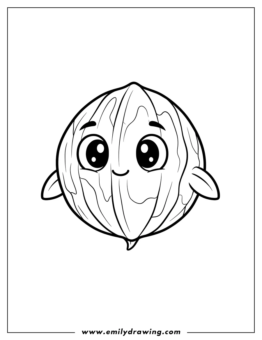 Downloadable coloring page of simple cartoon drawing of a Wall Nut character with big eyes and a small mouth to color