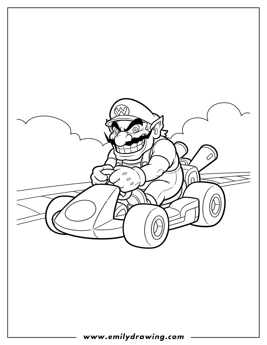 Clean line drawing: wario from Mario Kart driving a kart, grinning