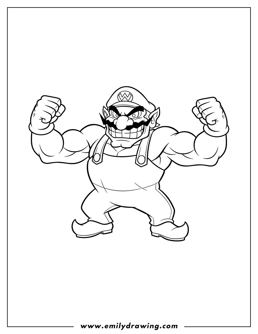 Doodle style coloring picture of simple Wario Flexing Muscles with clenched fists and angry grin