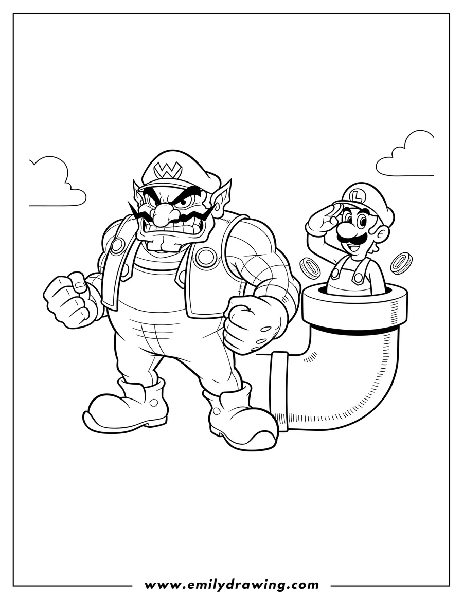 Coloring sheet featuring wario looking angry, standing next to Luigi who is saluting from a pipe