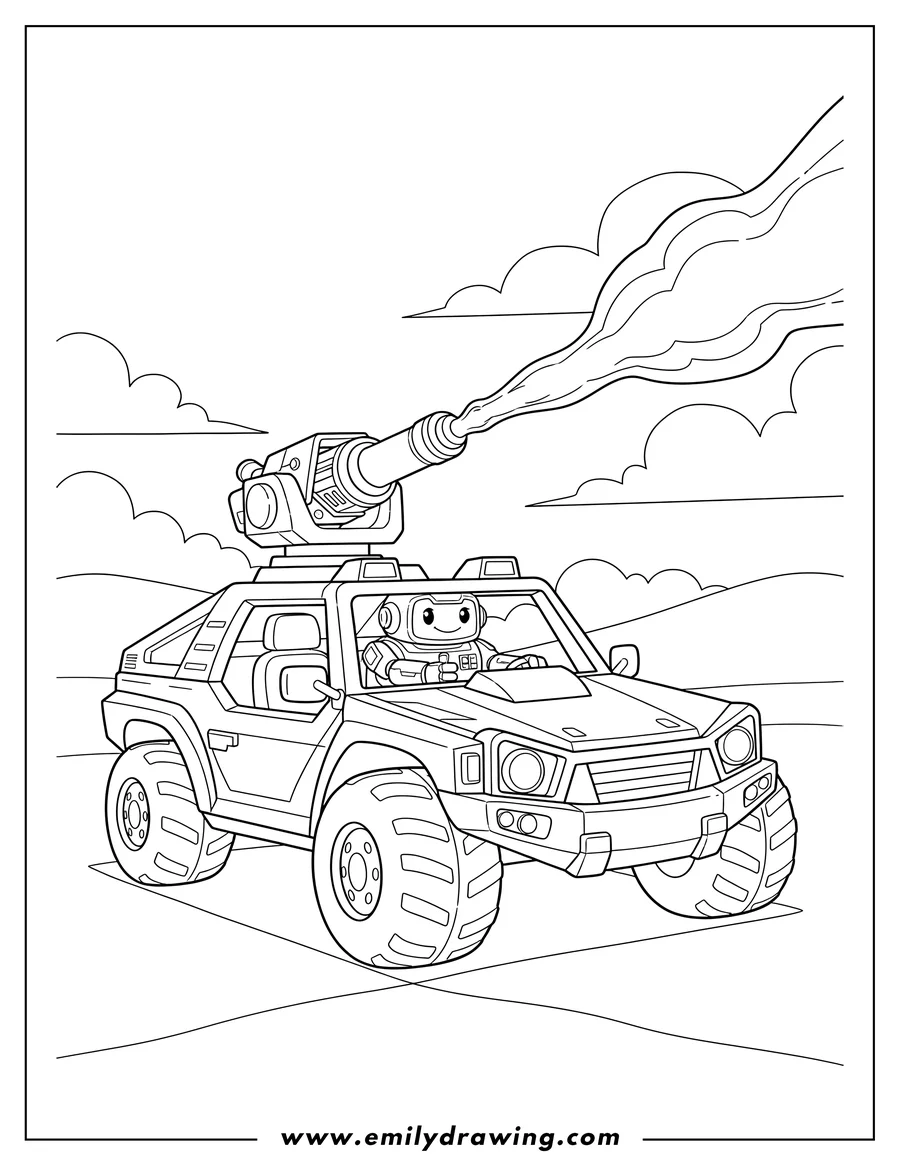 Printable line art of M12B Warthog with a robot operator shooting a laser cannon