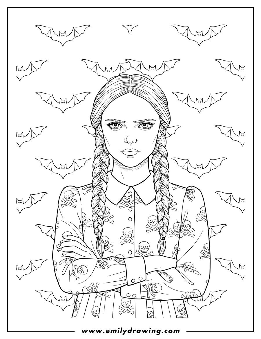High quality printable realistic Wednesday Addams with braided pigtails and arms crossed, with a bats background for coloring