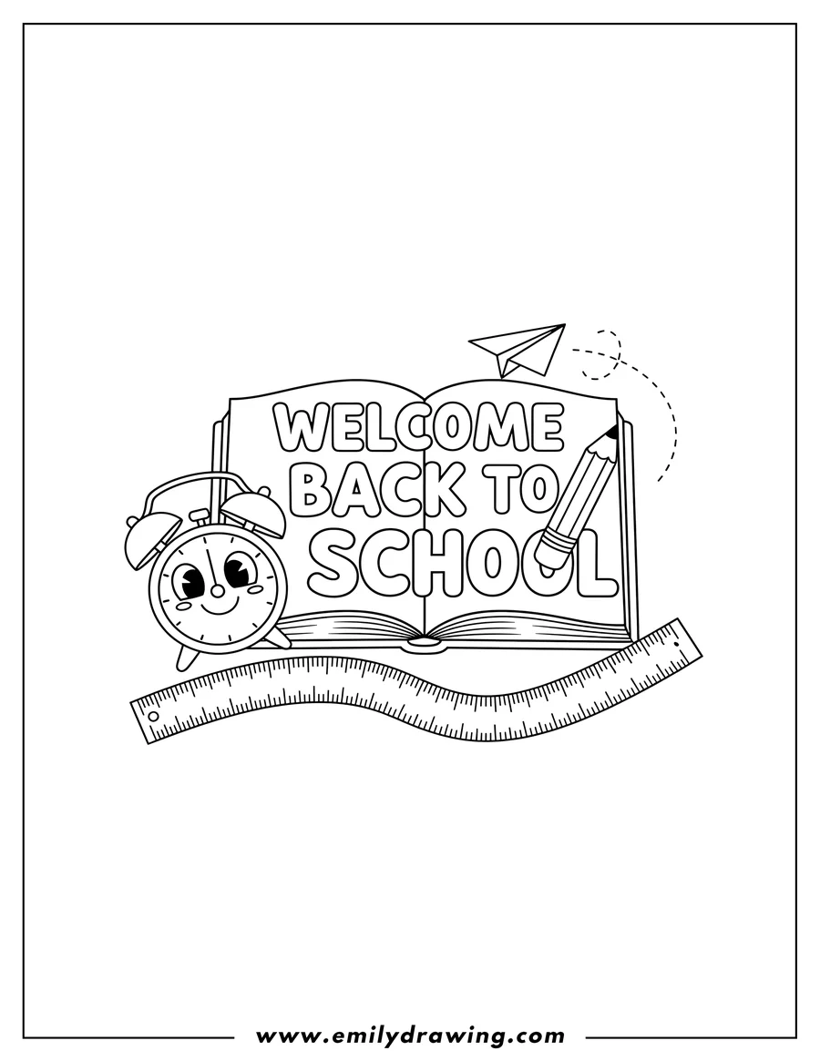 Linear illustration of welcome Back To School Sign with an alarm clock, a ruler, a pencil in 'BACK', and a paper airplane