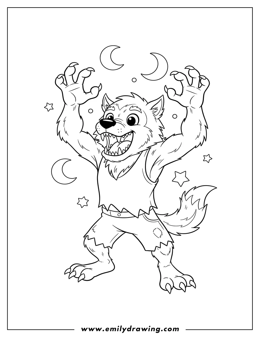 Free to print drawing of simple Werewolf roaring, showing sharp teeth and raised claws