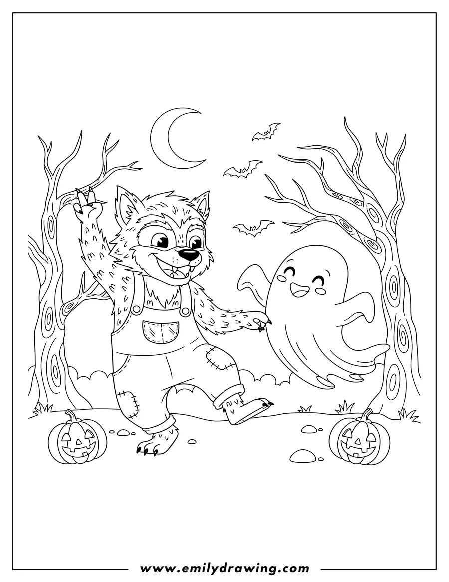 Outline drawing of cute Werewolf with a fanged smile and raised arm, dancing with a happy ghost in a haunted forest