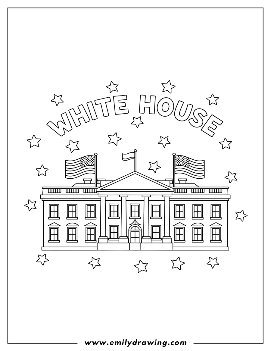 Full page coloring image of simple White House Outline with American flags and WHITE HOUSE text, surrounded by stars, coloring page