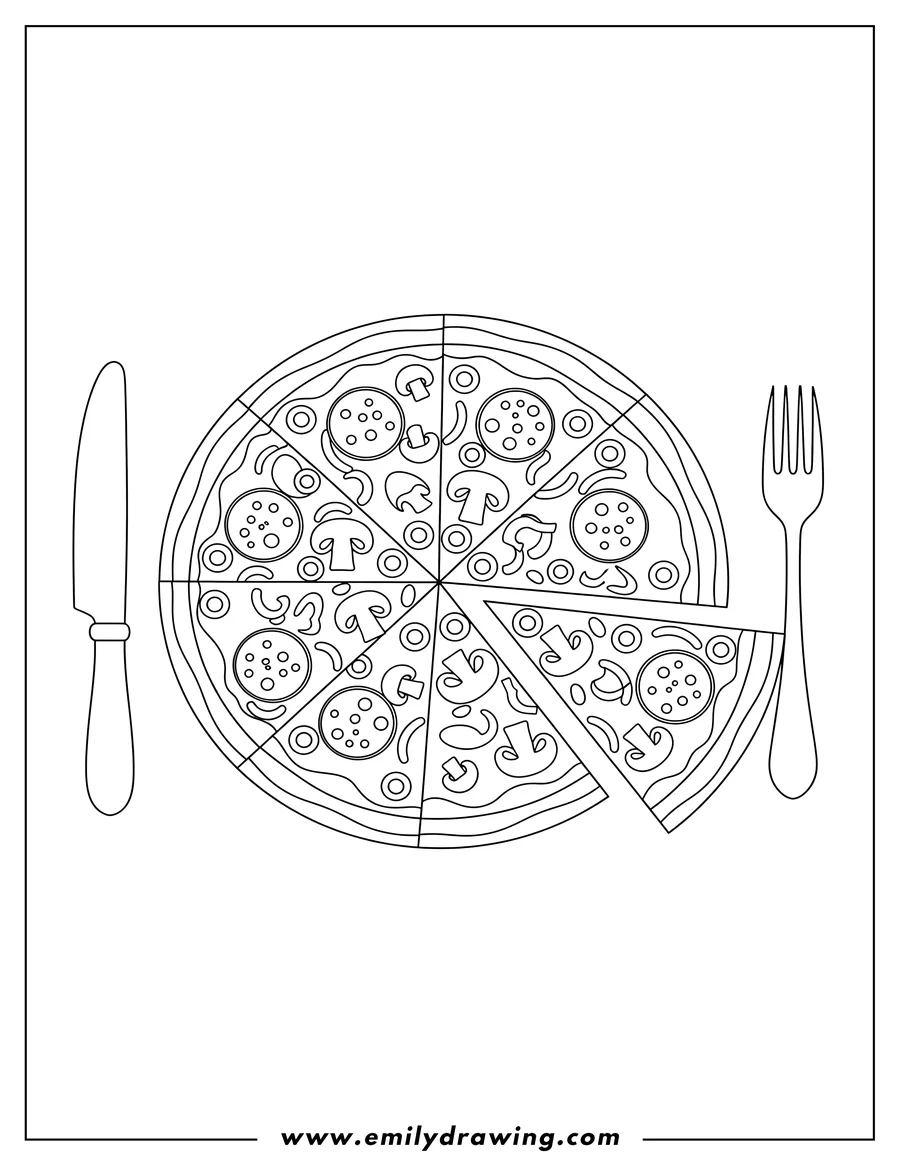Doodle style coloring picture of an easy picture of a whole sliced pizza with toppings, a knife, and a fork
