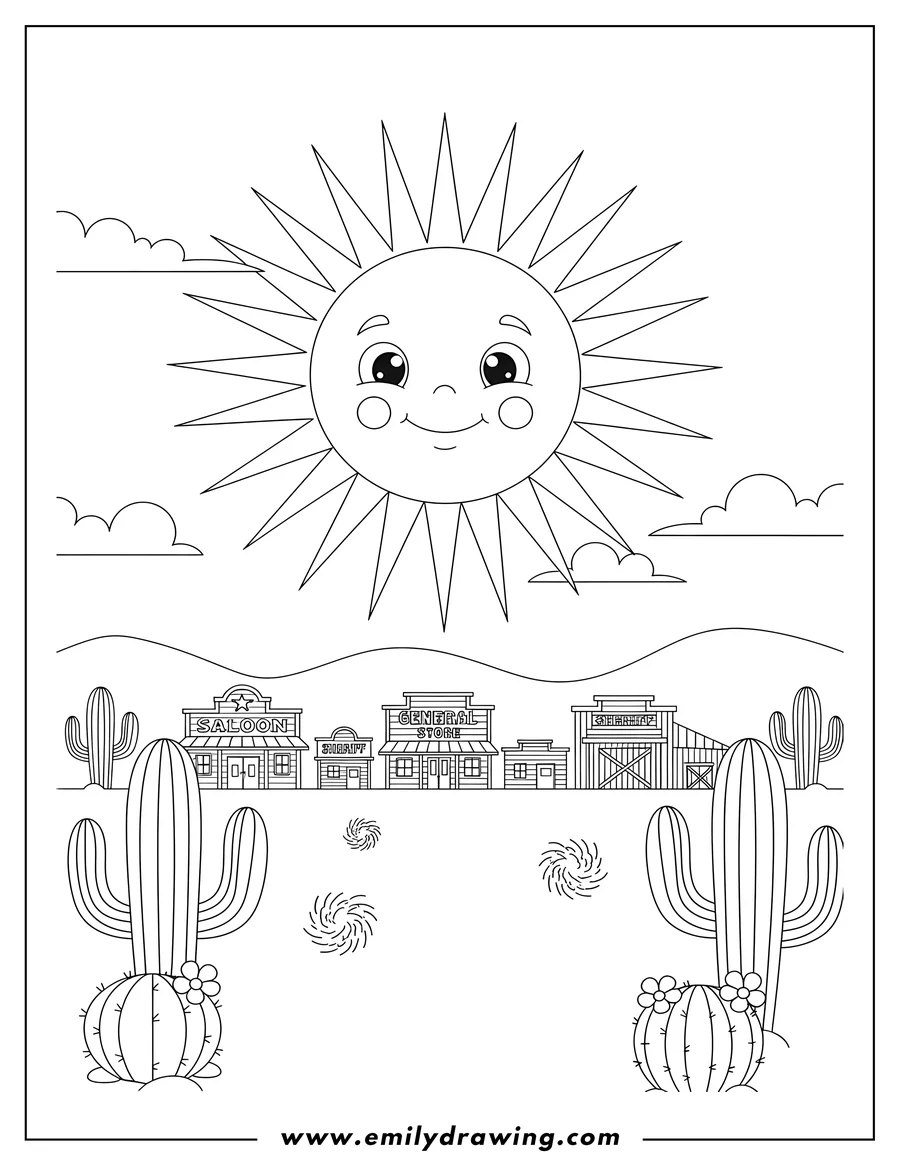 Printable line art of wild Wild West Landscape with a western town street, cactuses, and a large sun