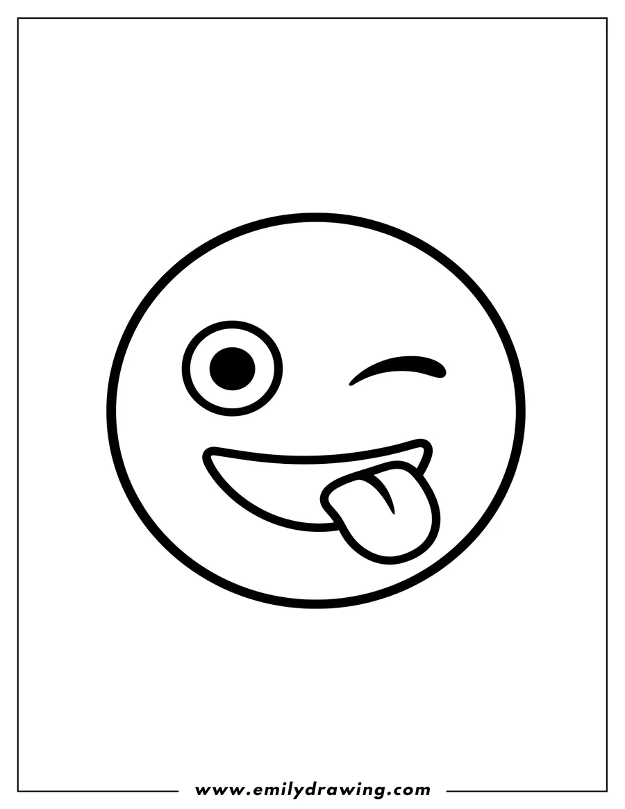 Coloring sheet featuring winking Face With Tongue Emoji with an open circular eye