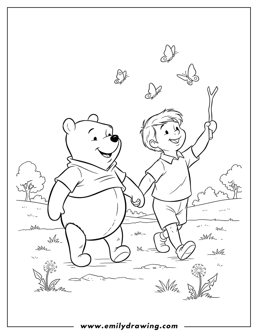 Coloring page for kids: winnie Pooh and Christopher Robin walking hand-in-hand, with Christopher Robin holding a stick and looking up at butterflies