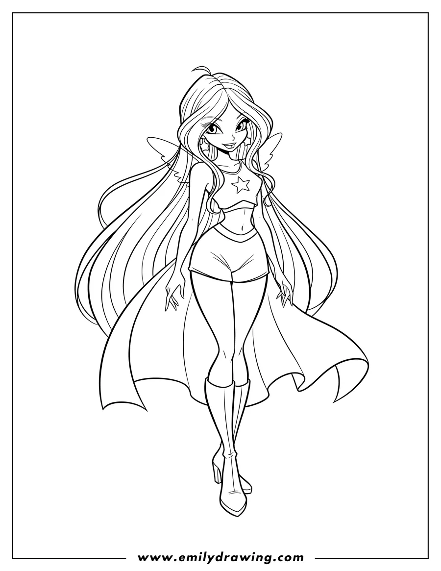 Coloring page for kids: simple Winx Aisha standing with long wavy hair