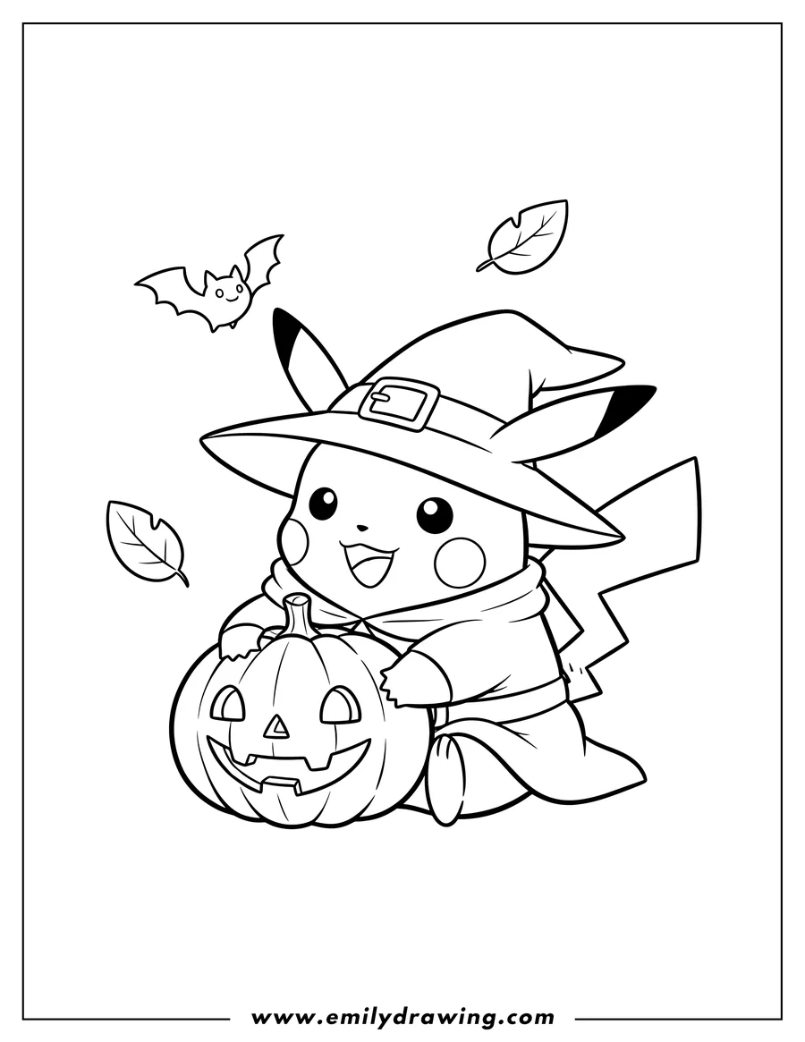 PDF style coloring page: simple Witch Pikachu sitting and hugging a pumpkin Preschoolers