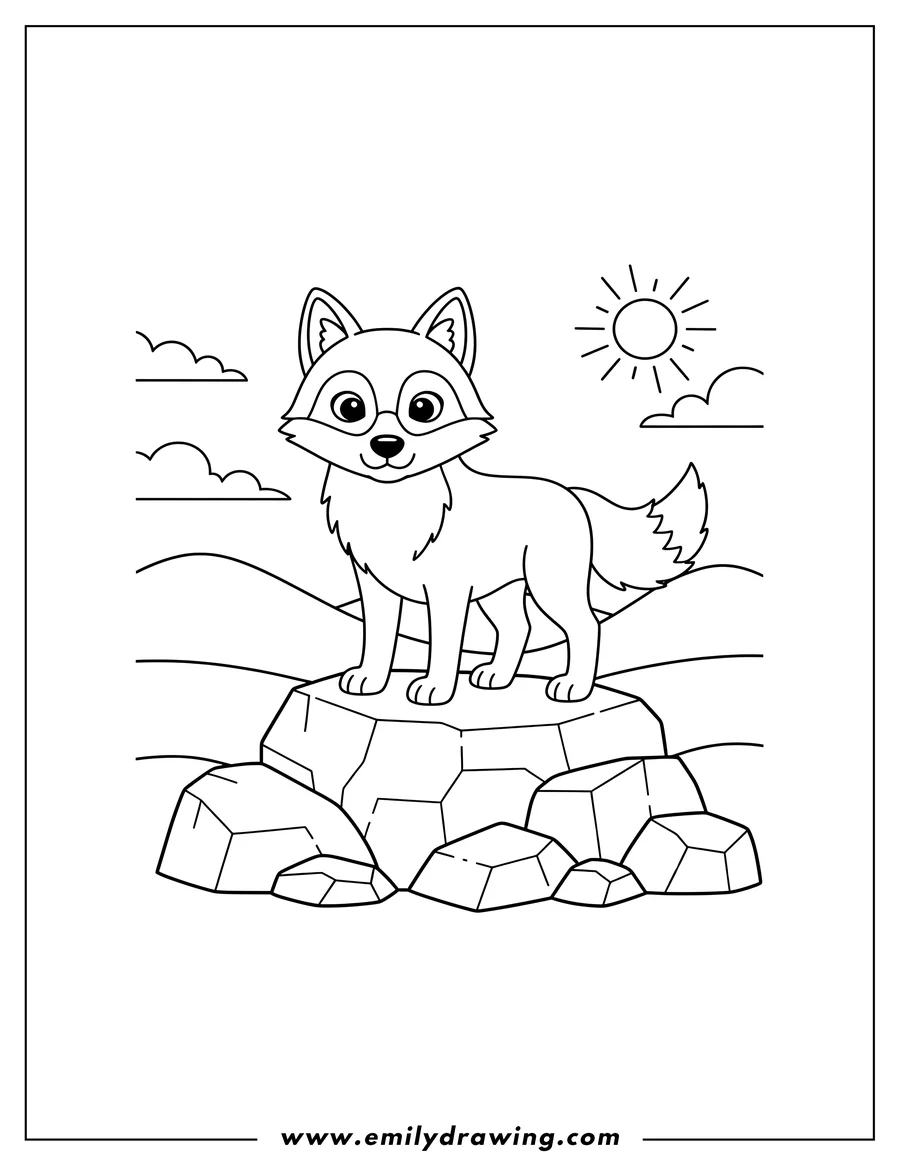 Printable coloring page of simple Wolf Standing On Top Rock, looking forward