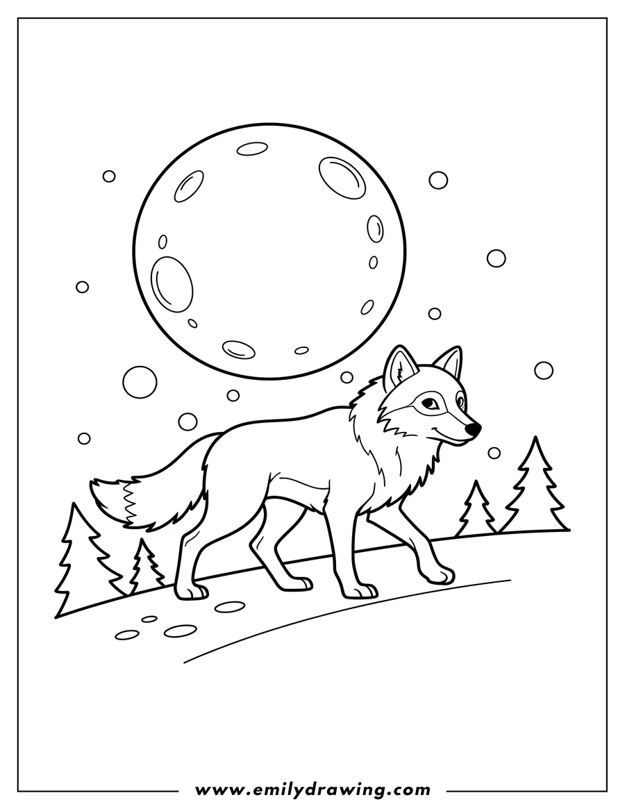 PDF style coloring page: simple Wolf Outline Walking in Snow Under a Full Moon
