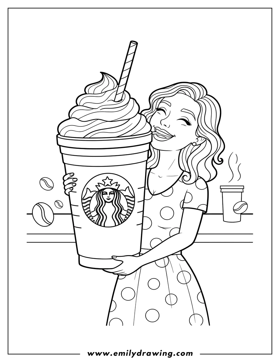 Free printable coloring sheet of woman drinking from massive Starbucks cup with whipped cream and a straw