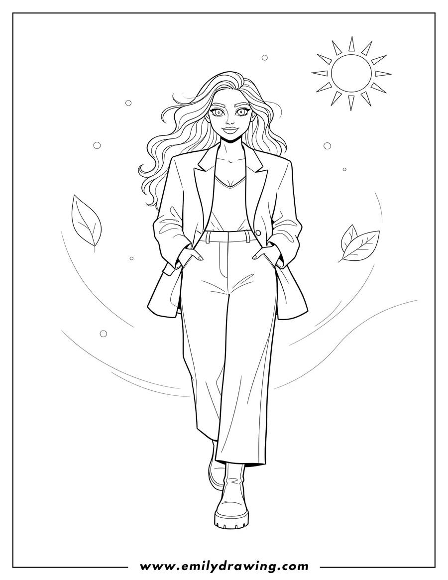 Free printable coloring sheet of woman with long wavy hair walking in an oversized blazer and high-waisted pants