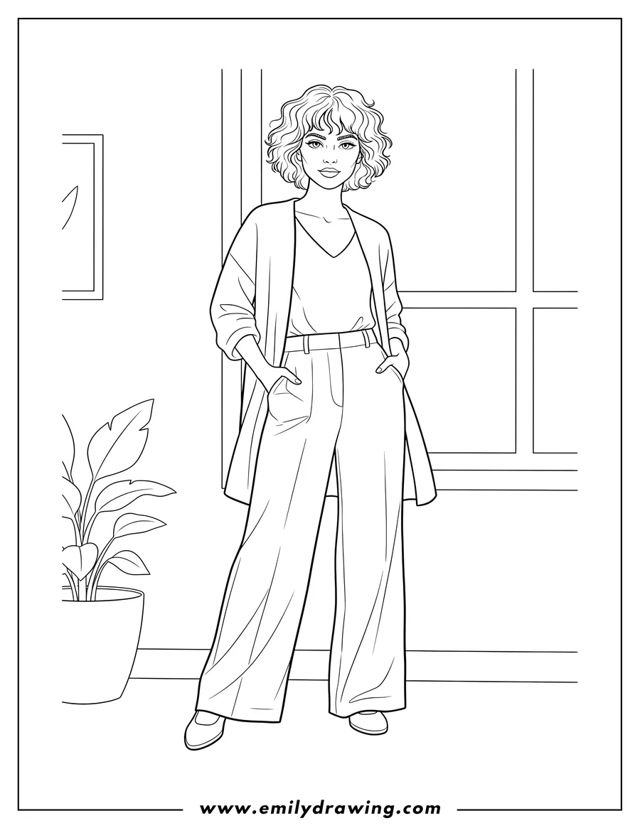 Free to print drawing of woman Chic Modern Outfit With Wide Leg Pants And Cardigan, with Short Curly Hair, Standing with Hands in Pockets