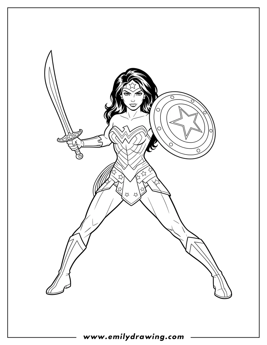Simple sketch of wonder Woman holding a sword and shield, in a powerful battle stance to color