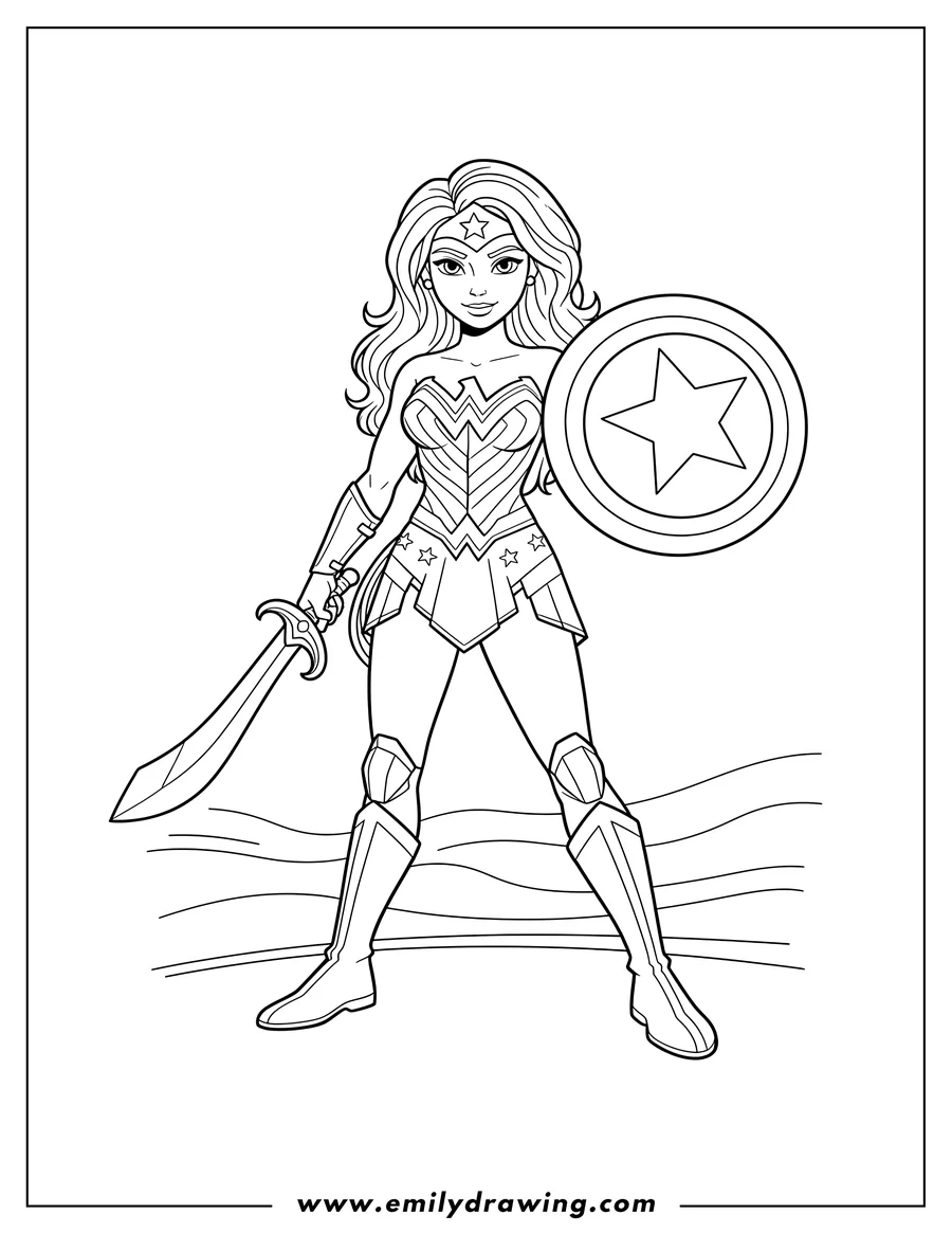 PDF style coloring page: wonder Woman superhero standing, holding a sword, with her shield