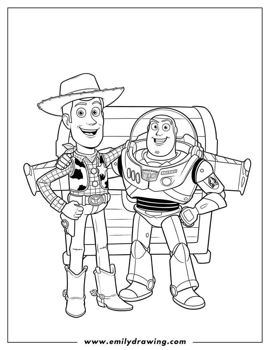 High quality printable woody and Buzz Lightyear smiling, Woody's arm around Buzz for coloring