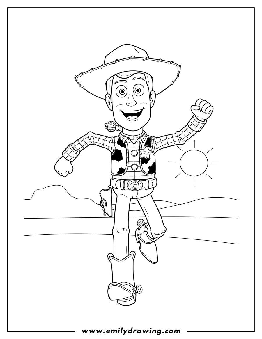Downloadable coloring page of woody Disney running and smiling, cartoon style coloring page