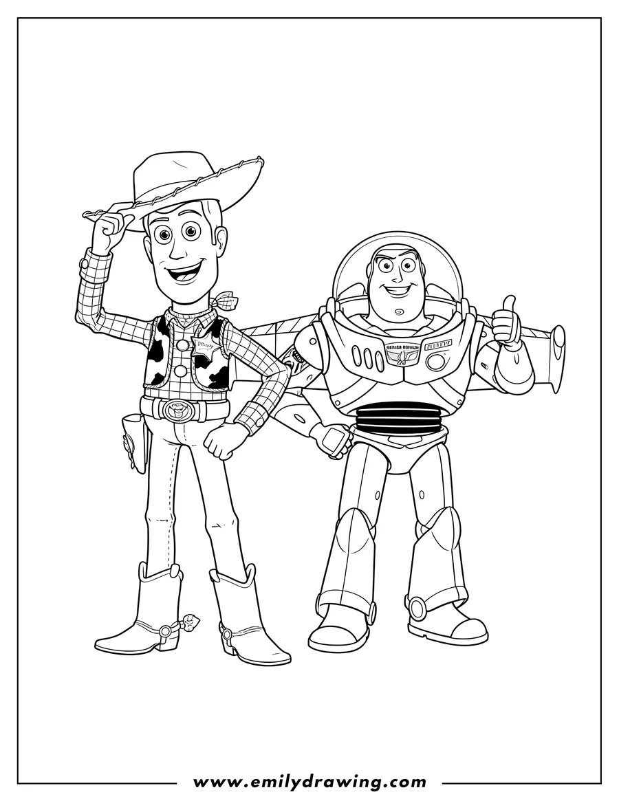 PDF style coloring page: woody And Buzz Lightyear smiling, Woody tipping his hat and Buzz giving a thumbs up