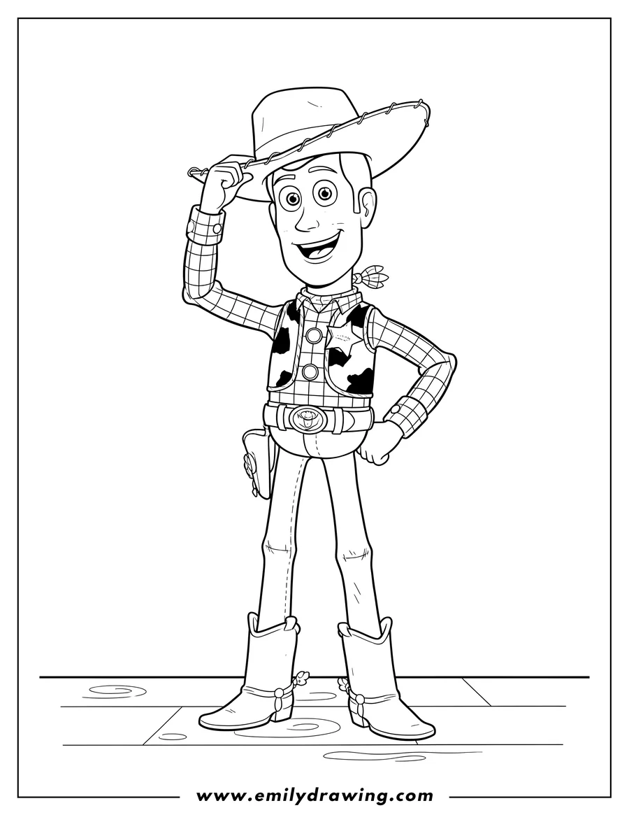 Coloring page for kids: simple Woody Tipping His Hat, smiling with his left hand on his hip