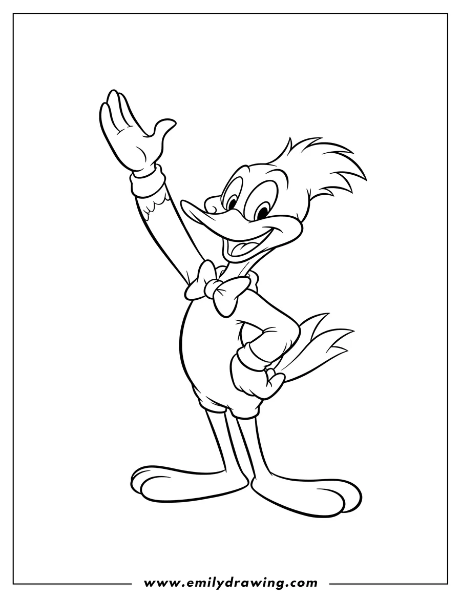 High quality printable simple Woody Woodpecker standing, with right arm raised and left arm bent, grinning for coloring
