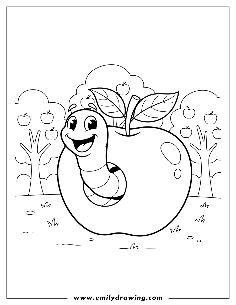 Free to print drawing of smiling worm happily popping out of a large apple with a leaf in an orchard