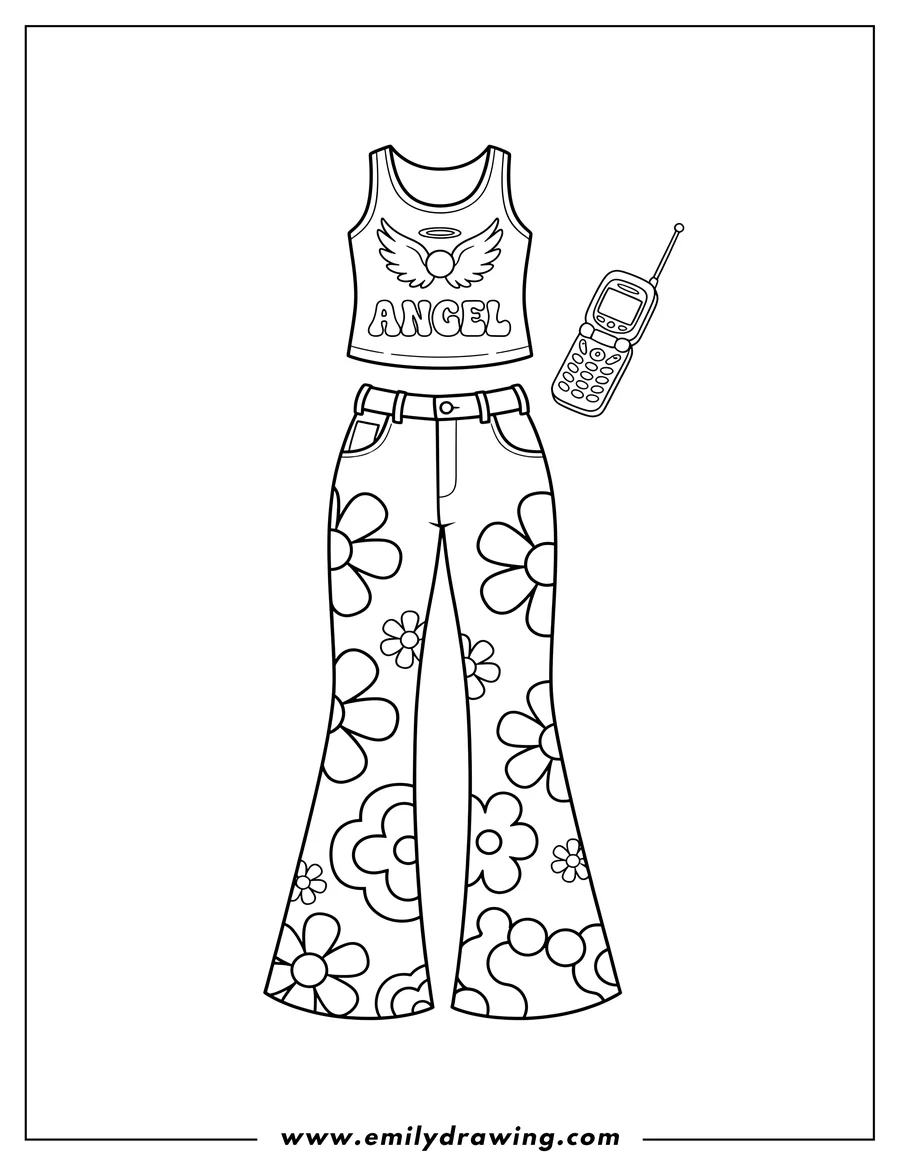 Vector style outline of simple Y2K Hippie Fashion Items, including flower-power flared pants, an Angel tank top, and a flip phone