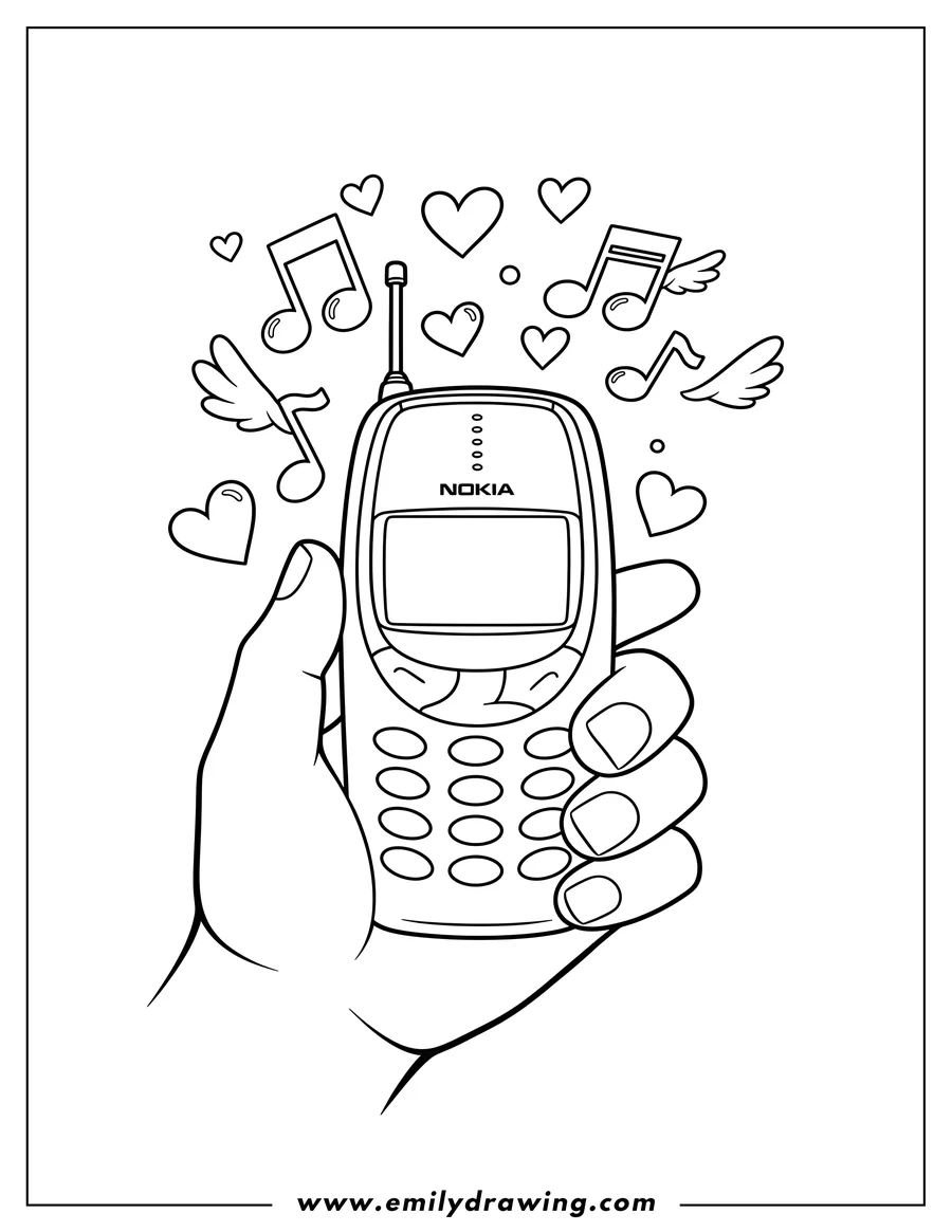 Coloring page for kids: Y2K Nokia Phone held by a hand, with music notes and hearts