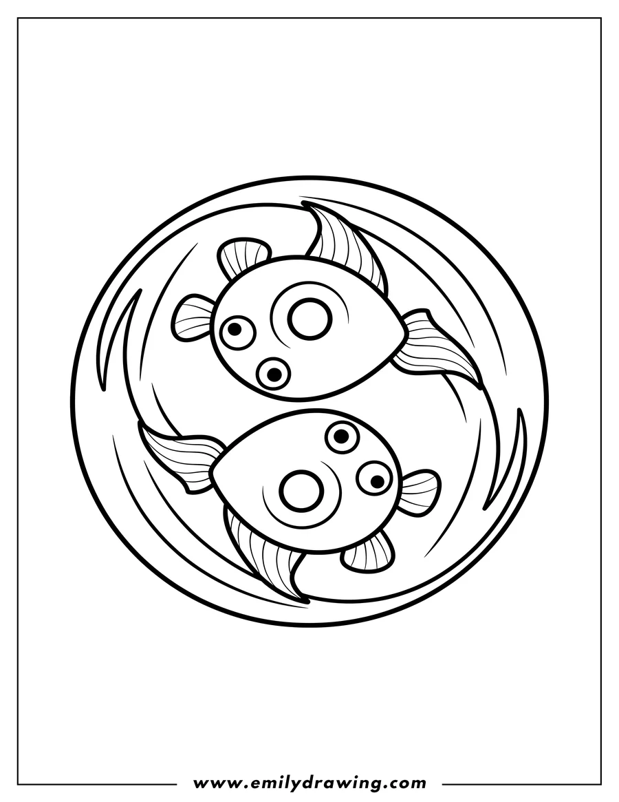 PDF style coloring page: simple Yin And Yang Fish swimming in a circle