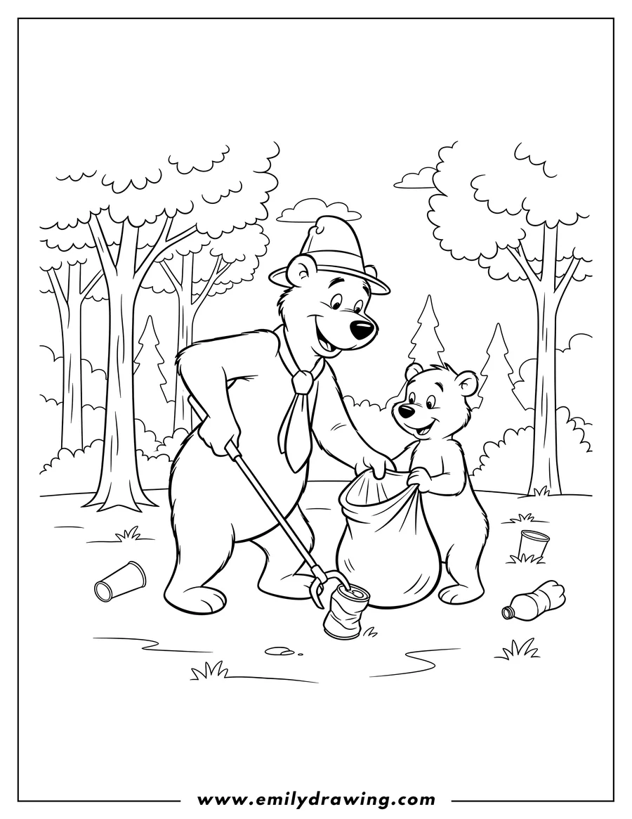 Simple sketch of yogi Bear picking up litter with Boo Boo in the forest to color