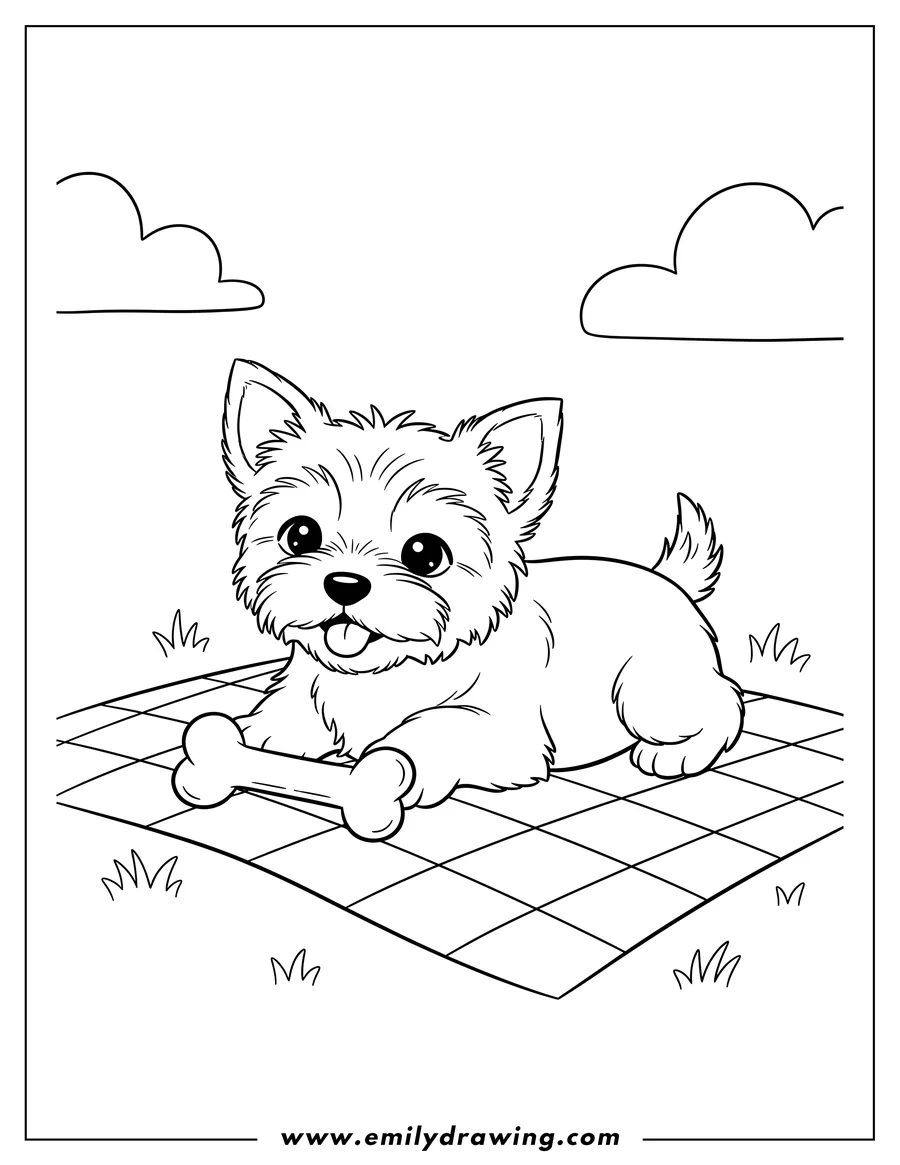 High quality printable simple Yorkshire Terrier Puppy lying down on a checkered picnic mat with a bone and tongue out, for Preschoolers for coloring